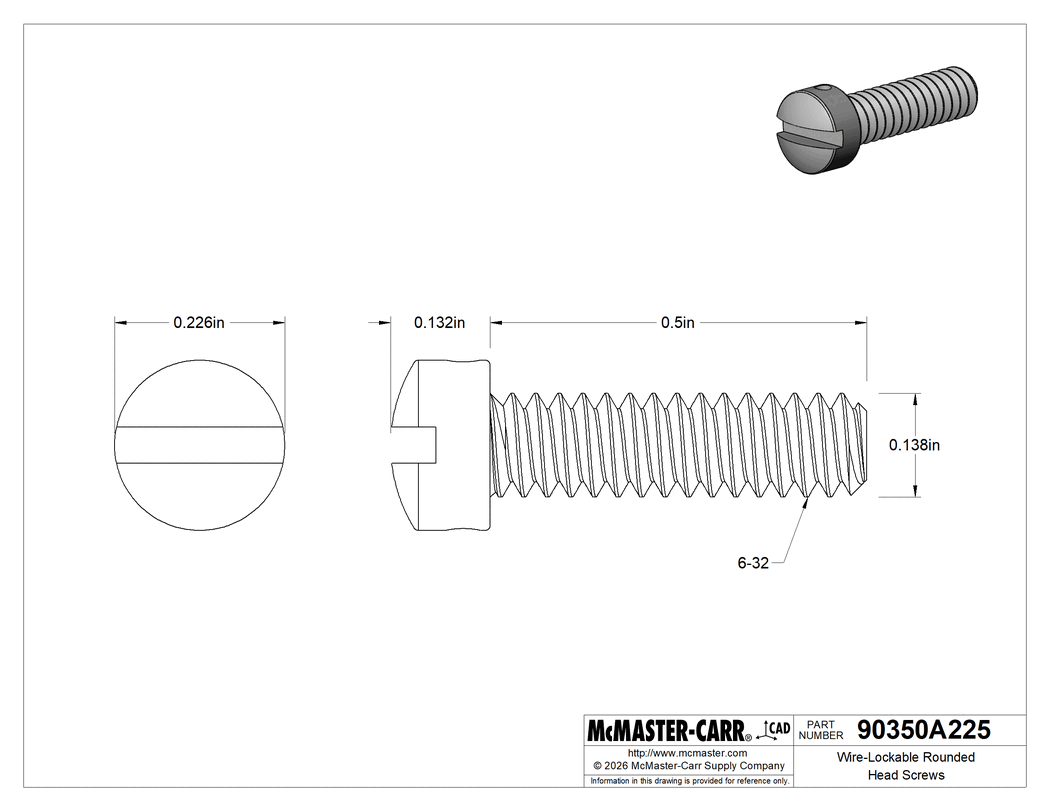 Technical Drawing of Wire-Lockable Rounded Head Screws, 6-32 Thread Size, 1/2" Long.